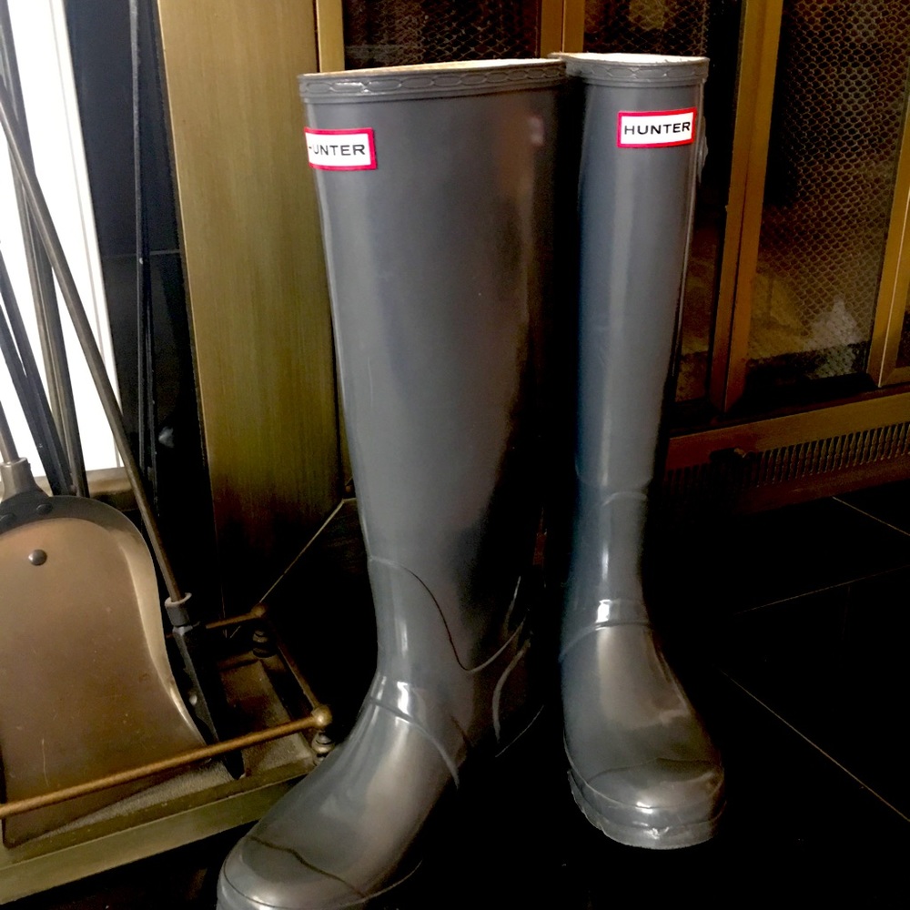 HUNTER Women Original Glossy Dark Grey Rubber Tall Rain Boots US 7M